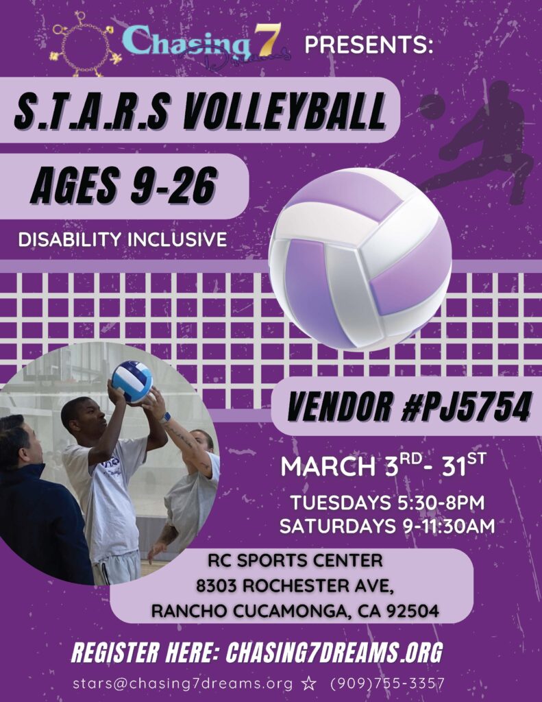 S.T.A.R.S VOLLEYBALL
MARCH 3RD- 31ST
TUESDAYS 5:30-8PM
SATURDAYS 9-11:30AM
VENDOR #PJ5754
PRESENTS:
AGES 9-26